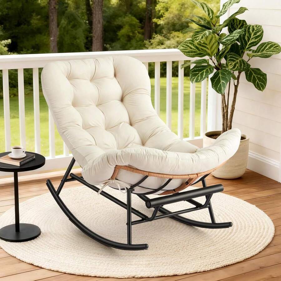 Silla basculante con reposapiés extensible y cojín de flanela desmontable, silla basculante de la guardería de ratán real grande para el dormitorio del césped del porche Sala de estar - Beis - Ver 1