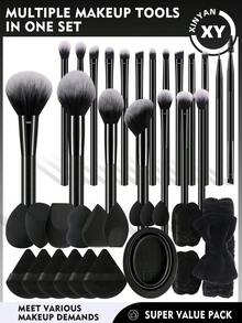 39pcs Makeup Brush Set Including 20 Soft-Bristle Makeup Brushes: Powder Brush, Blush Brush, Contour Brush, Foundation Brush, Nose Highlighter Brush, Eye Shadow Brush, Eyebrow Brush, Lip Brush, Detail Brush + 6 Different Shape Makeup Sponges For Liquid Makeup, 6 Triangle Powder Puffs, 3 Mini Makeup Sponges, 1 Hair Band, 2 Wrist Bands, 1 Makeup Brush Cleaning Bowl - Black - View 2