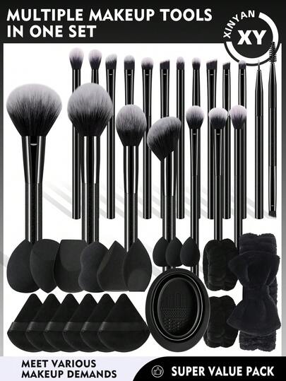 39 piezas Juego de brochas de maquillaje que incluye 20 brochas de cerdas suaves: brocha para polvo, brocha para rubor, brocha para contorno, brocha para base, brocha para resaltar la nariz, brocha para sombra de ojos, brocha para cejas, brocha para labios, brocha de detalle + 6 esponjas de maquillaje de diferentes formas para maquillaje líquido, 6 borlas de polvo triangulares, 3 esponjas de maquillaje mini, 1 diadema, 2 muñequeras, 1 recipiente para limpiar brochas de maquillaje