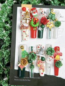 30pcs Mixed ABS Deep Green Rose Soft Flowers Christmas Nail Art Decor 3D Rose Camellia Blooming Nail Art DIY Accessories - Dark Green - View 2