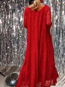 Elegantes Spitzenkleid in Große Größen - Geeignet für formelle und legere Anlässe, maschinenwaschbarer Polyesterstoff ohne Stretch, fließendes Party-, Hochzeits- und Alltagskleid, zarte Spitze, modisches Kleid, Fashionista Rot - Rot - Übersicht 2