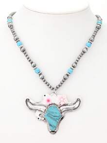 1件欧美嘻哈风格绿松石牛头花朵吊坠项链，女士及母女款 - 項鍊 - 查看 5