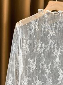 2025 New Arrival Women's Lace Mock Neck Layering Mesh Sheer Long Sleeve Slim Fit Undershirt, Spring/Summer/Autumn Casual White - White - View 5