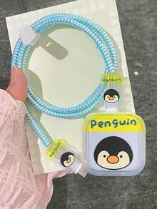 5pcs Cute Penguin Blue TPU Charging Cable & Adapter Protector Case, Compatible With IPhone 17/17 Pro And 40W Fast Charger