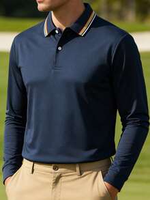 男士运动翻领高尔夫Polo衫，休闲长袖T恤，纽扣细节，略带弹性的面料，常规版型长袖 - 适合所有季节，是打网球和周末休闲穿着的理想之选。 - 藏蓝色 - 查看 2