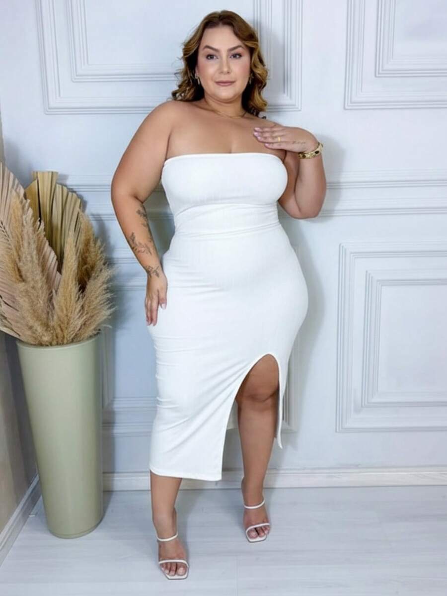 Sexy White Plus Size Premium Ribbed Dress With Leg Slit - 白色 - 查看 1