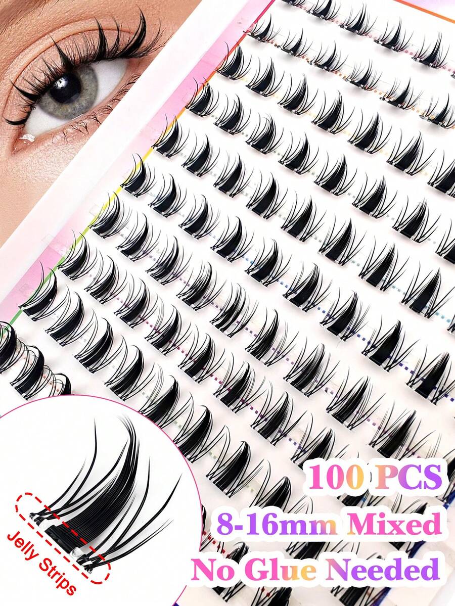 100片免胶可重复使用自粘蓬松假睫毛，8-16mm混合长度套装，免胶蓬松尖刺卡通动漫单根假睫毛，自粘DIY睫毛嫁接预粘簇状假睫毛，自然纤细C型卷翘猫眼假睫毛簇，免胶防卸妆假睫毛 - 黑色 - 查看 1