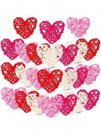 12pcs Valentine's Day Heart Shaped Rattan Balls Decorations - Romantic DIY Vase Filler Ornaments For Home, Wedding, And Table Decor - Red, Wicker, Reusable, And Perfect For Love-Themed Party