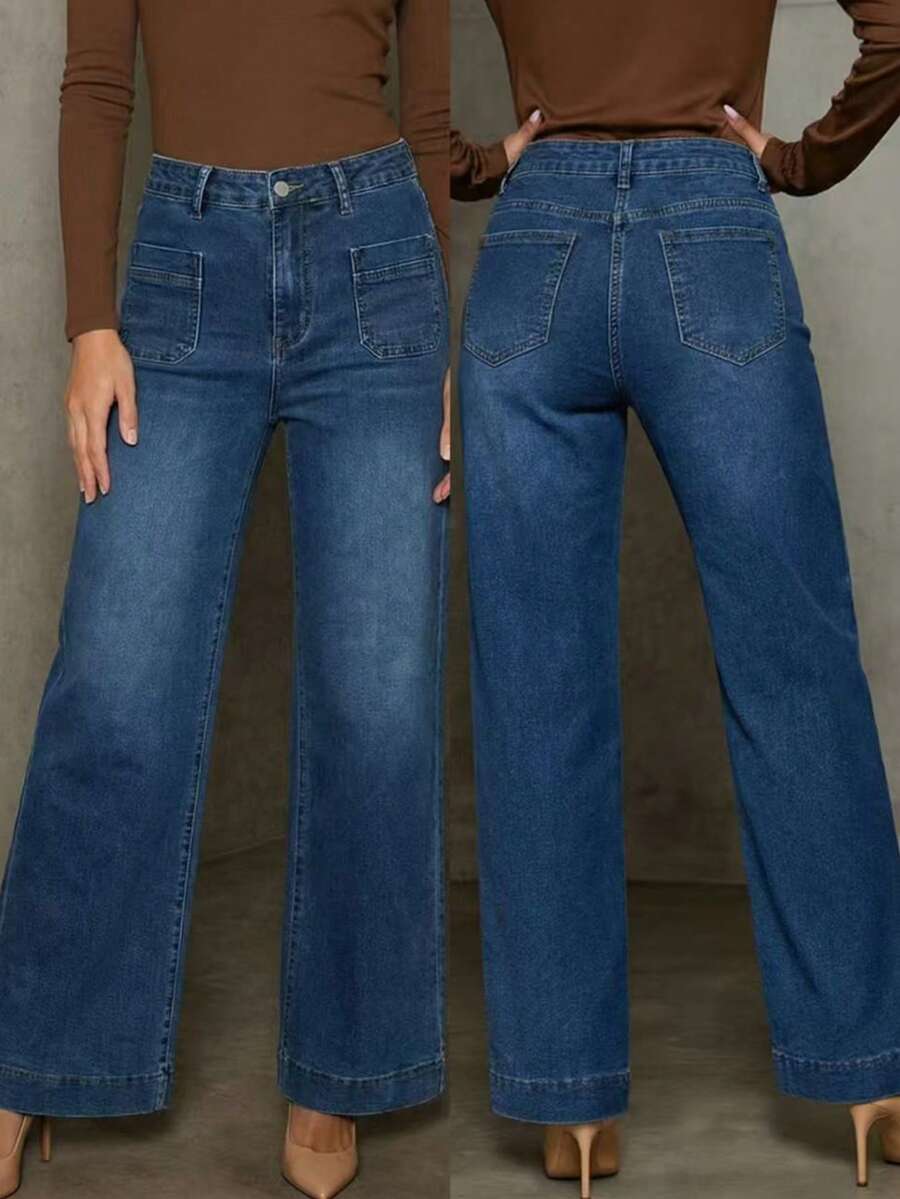 Plus Size Women High Waist Flare Leg Jeans, Elastic Loose Fit 7/8 Length Denim Pants With Pockets Casual Spring - Dark Wash - View 1
