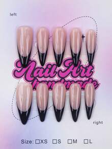 10片杏仁形手工猫眼美甲贴片，Y2K 坏女孩风格，裸粉色法式边美甲贴片，雕刻图案，水滴，仿珍珠，金属珠，海星元素，手工美甲装饰，适合女性和女孩，包含工具包，女士美甲用品的绝佳礼物 - 黑色 - 查看 1