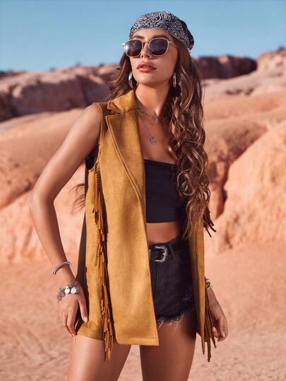 RELISH NOLESS 纯色翻领前开襟流苏边饰背心外套