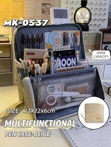 1 pieza Estuche de lápices plegable de gran capacidad, caja de almacenamiento de artículos de papelería con múltiples compartimentos para estudiantes, estuche de lápices portátil con asa de transporte lavable - Multicolor - Ver 5