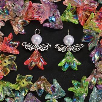 50pcs 12.5x16mm Shiny Colorful Transparent AB Acrylic Lily Flower Bead Caps With Butterfly Wing Design & Accents For Jewelry Making, Crafts, Hairpin Decor - Multicolor Reflective Beads, Flower Beads For Jewelry Making, Craft Bead Supplies, Glossy Finish Beads