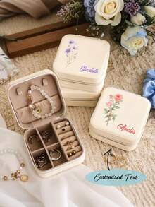 Customized Women's Jewelry Box With Personalized Name And Floral Pattern. Fashionable And Unique Leather Jewelry Box, A Thoughtful Holiday Gift. - Multicolor - View 1