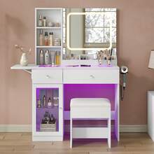 FUSOU 35'' Vanity Desk With LED Mirror, RGB Lighted Makeup Vanity With Charging Station, Open Shelves & Large Tempered Cabinet, 2 Drawers Glass Top Vanity With Chair For Bedroom, White - 白色 - 查看 10