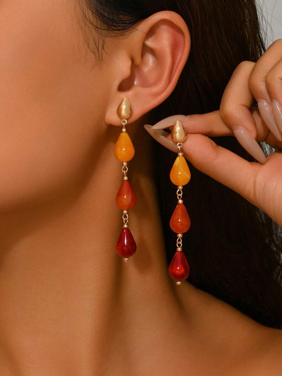 1 Pair Elegant Exaggerated Sexy Bohemian Wavy Faux Jade Resin Block Asymmetrical Pendant Earrings With Gold Shell, Water Drop Tassel, Barrel Beads, Floral Resin In Multiple Colors, Suitable For Sexy Party, Holiday Wear By Women. The Resin Blocks Are Artificially Blended In Multiple Colors, And Each Resin Piece May Have A Molding Sprue Mark, Please Understand. - Multicolor - View 1