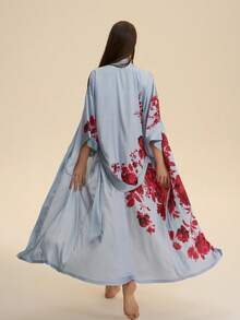 Chinese Style Retro New Chinese Improved Hanfu Fashion Bohemian Elegant Mid-Length Kimono Cover Up Robe Casual Homewear Tie-Waist Bathrobe Sleepwear Thin Outerwear Summer Beach Vacation Sexy Bikini Cover-Up Swimsuit Coverup - Grey - View 9