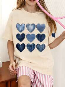 1pc Heart Print Short Sleeve T-Shirt, Student Tween Girl Casual Summer Top - Apricot - View 2