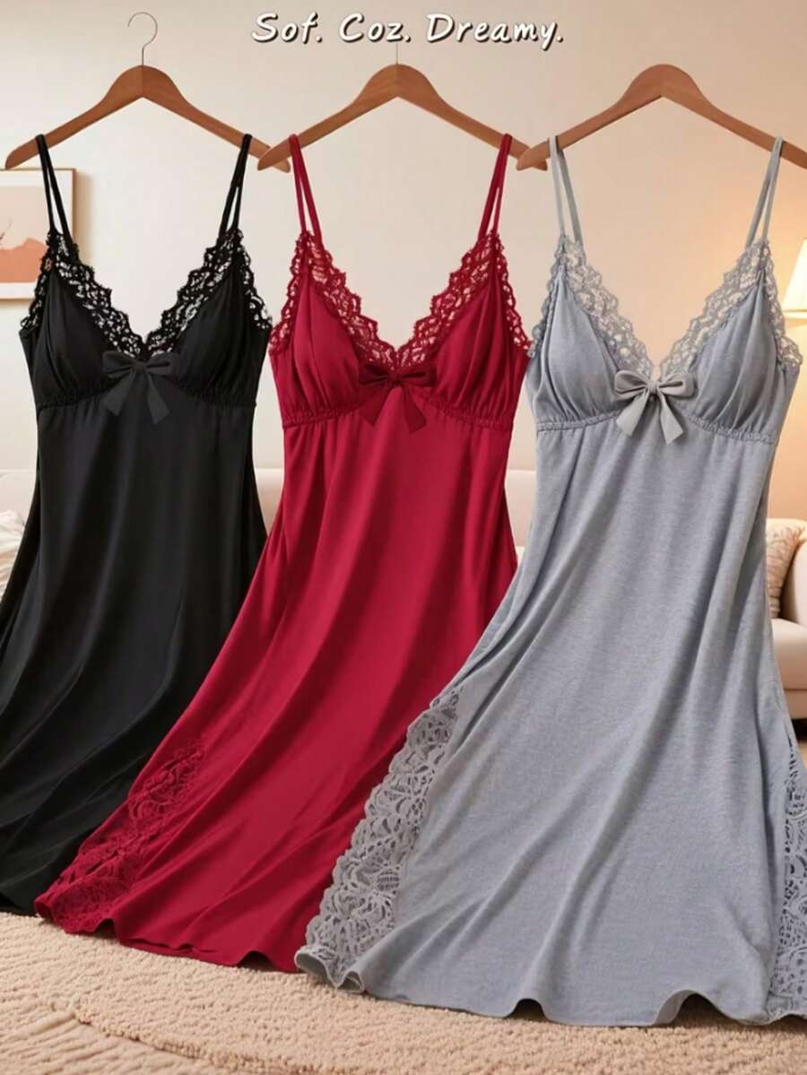3-Piece Set Of Women's Solid Color Lace Pajamas, Featuring Lace Panels, Side Slits On The Skirt, Sexy Lace Loungewear, Comfortable Sleepwear, Elegant Pajamas, Exquisite Lace Craftsmanship, Women's Home Wear, Lace Nightgown, Romantic Sleepwear. - 彩色 - 查看 1