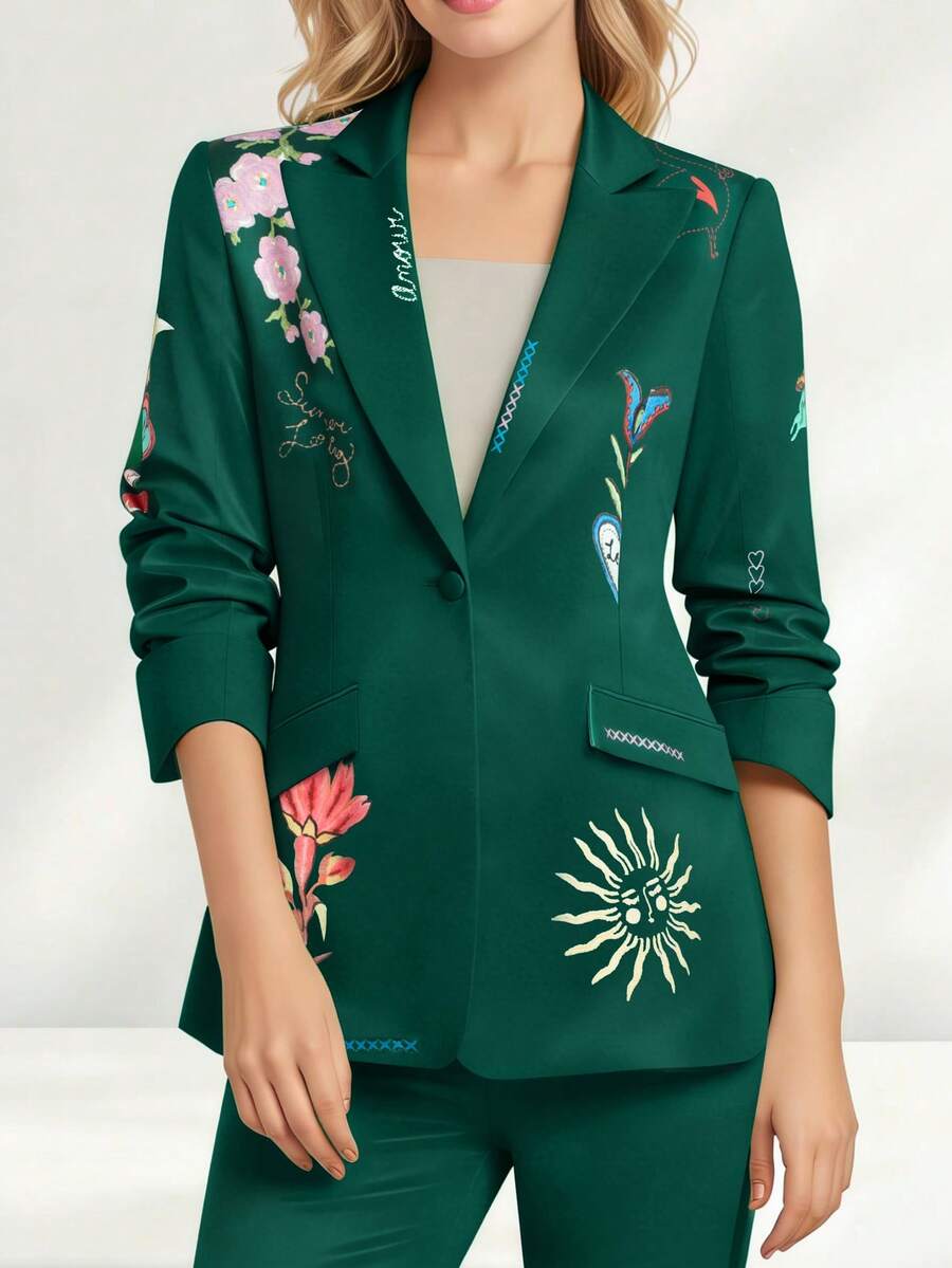HOMEYEE Vintage Floral Print Blazer Jacket, Elegant For Casual, Business, And Formal Occasions - màu xanh lá - Xem 1