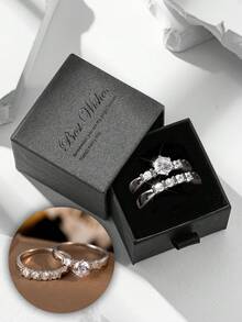 Set de 2 anillos de circonita cúbica brillante y elegante, hechos de material de cobre, no se desvanecen y son hipoalergénicos, joyería para mujeres para bodas y fiestas, regalo ideal - Plateado - Ver 6