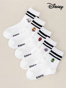 Marvel 1/5双漫威对称蜘蛛侠、钢铁侠、绿巨人、雷神图案儿童短袜，女童短袜，男童短袜，日常/派对礼物/复活节/春夏袜，荷叶边袜，黑白条纹中筒袜，柔软透气短袜