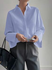 女士法式纯色衬衫，复古魅力，长袖商务面试通勤休闲简约优雅衬衫，适合日常穿着、居家穿着、街头风格，是女士冬季穿搭的理想之选。情人节、新年礼物。 - 藍色 - 查看 2