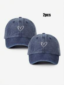 2pcs Embroidered Heart Washed Baseball Cap, Adjustable Couple Hats, Suitable For Spring/Autumn Travel, Beach, Casual Wear, Y2K Style Unisex Sun Hat - Baseball Cap - View 2
