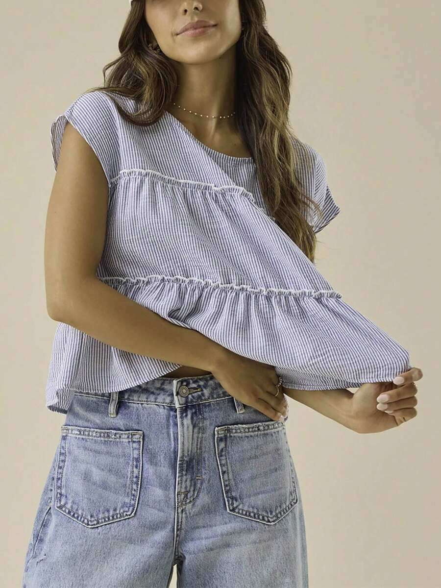 Women's Summer Cute Boho Blouse Shirts Y2k Striped Ruched Flowy Ruffle Peplum Short Cap Sleeve Round Neck Babydoll Crop Tops Tee Kawaii Peplum Spring Clothes Boho Beach Holiday Outfits,90s Fashion Women,Valentine's Day Wear,Going Out Tops,Mardi Gras Outfit,Tropical Vacation Outfits - 深藍色 - 查看 1