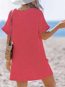 Women Crochet Beach Coverup Waffle Knit Loose Casual Wear V Neck Short Sleeve Dress Swimsuit For Women With Pockets - 紅色 - 查看 5