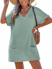 Women Crochet Beach Coverup Waffle Knit Loose Casual Wear V Neck Short Sleeve Dress Swimsuit For Women With Pockets - 薄荷綠 - 查看 10