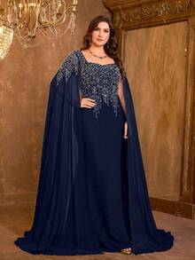 UNITHORSE 女士方领超长袖刺绣修身亚麻针织晚礼服 - 藏蓝色 - 查看 5