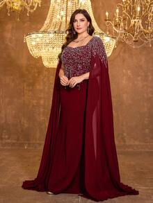UNITHORSE Women's Square Neck Extra Long Sleeve Embroidered Fitted Linen Knit Evening Dress - Burgundy - View 3