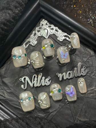 10pcs Short Ballet Acrylic Nail Art Set, Silver Nail Stickers, 3D Colorful Diamond Pearl Nail Decorations, Hand-Painted Geometric Patterns, Handmade Butterfly Nail Stickers, Cute Y2K Style Nail Art Suit For Women And Girls, Suitable For Holidays, Daily, Gatherings, Parties (Includes: 1 Piece Jelly Gel And 1 Piece Buffing Block)