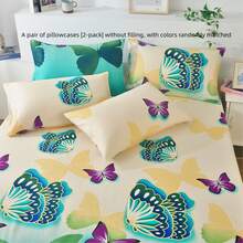 3件套彩色蝴蝶花卉印花床垫保护套，含床笠和2个枕套，活性印染，不褪色，不缩水，适用于卧室、客房、宿舍，柔软亲肤（1个床笠+2个随机颜色枕套）