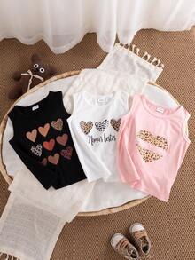 3pcs/Set Kaos Tanpa Lengan Kasual Motif Hati untuk Bayi Perempuan, Cocok untuk Bepergian dan Jalan-jalan di Musim Panas - Berwarna merah muda - View 2
