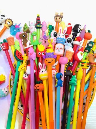 10pcs/Set Random 10pcs Cute Cartoon Animal & Fruit 0.5mm Neutral Pens, Creative Stationery Signing Pens