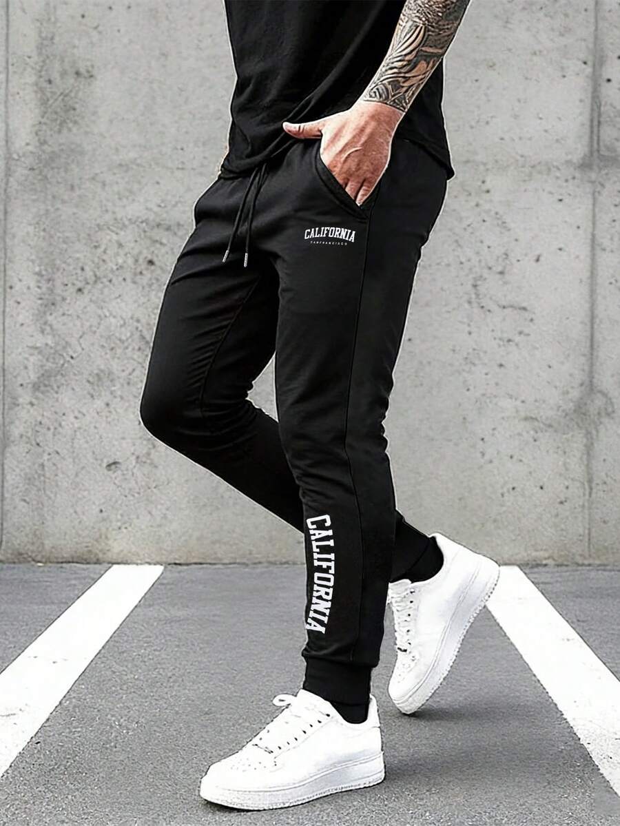 Men's Casual Elastic Waist Drawstring Pants, Lightweight Breathable Sports Trousers - Black - View 1