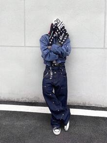 Men's Double Waist Head Colliding Loose Straight Leg Jeans Versatile Wide Leg Casual Lazy Style Jeans - 深色水洗藍 - 查看 5