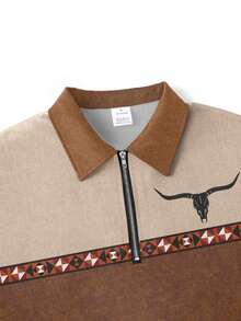 Plus Size Men Vintage Western Style Khaki Brown Patchwork Half Zip Collar Polo Shirt, Skull & Geometric Print, Suitable For Spring/Autumn Casual, Vacation, Outdoor Activities, Commuting - Khaki - View 3