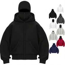 Balaclava Hoodie, Double Layer Hooded Sweatshirt With Wind Resistant Face Mask Zip, Hip-Hop Resistant Unisex Couple Style - Màu xám đen - Xem 1