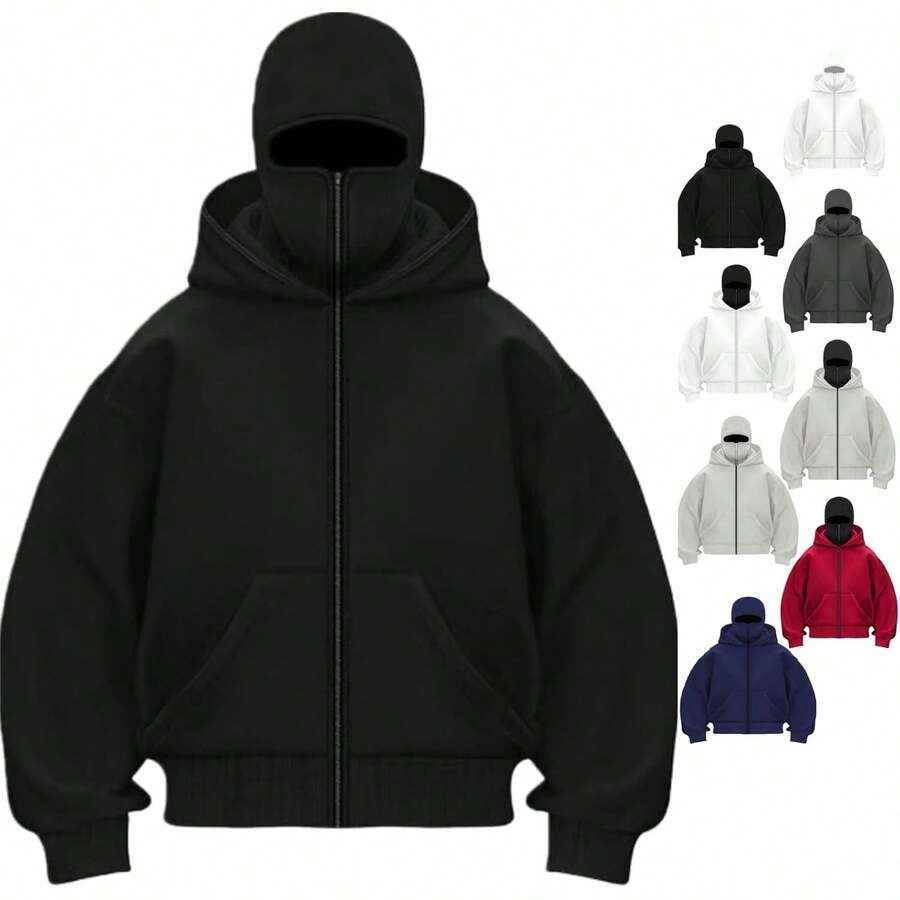 Balaclava Hoodie, Double Layer Hooded Sweatshirt With Wind Resistant Face Mask Zip, Hip-Hop Resistant Unisex Couple Style - Màu xám đen - Xem 1