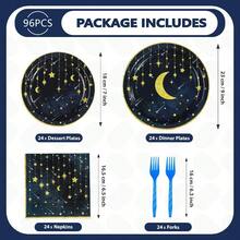 Grencian Gold Star Moon Party Plies - 96Pcs Moon And Stars Party Plies Plates And Napkins Navy Blue Celestial Hanging Crescent Disposable Tableware For Celestial Birthday Decorations Serve 24 - Xanh navy - Xem 2