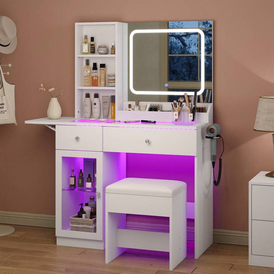 FUSOU 35'' Vanity Desk With LED Mirror, RGB Lighted Makeup Vanity With Charging Station, Open Shelves & Large Tempered Cabinet, 2 Drawers Glass Top Vanity With Chair For Bedroom, White - Xem 1