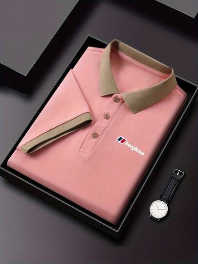 1PC Spring And Summer Men's Short Sleeved Polo Shirt With Simple Letter Printing, Fashionable Leisure, Classic Light Business, High-End Venue, Golf, Snooker, Interview, Date, Dinner, Comfortable And Breathable