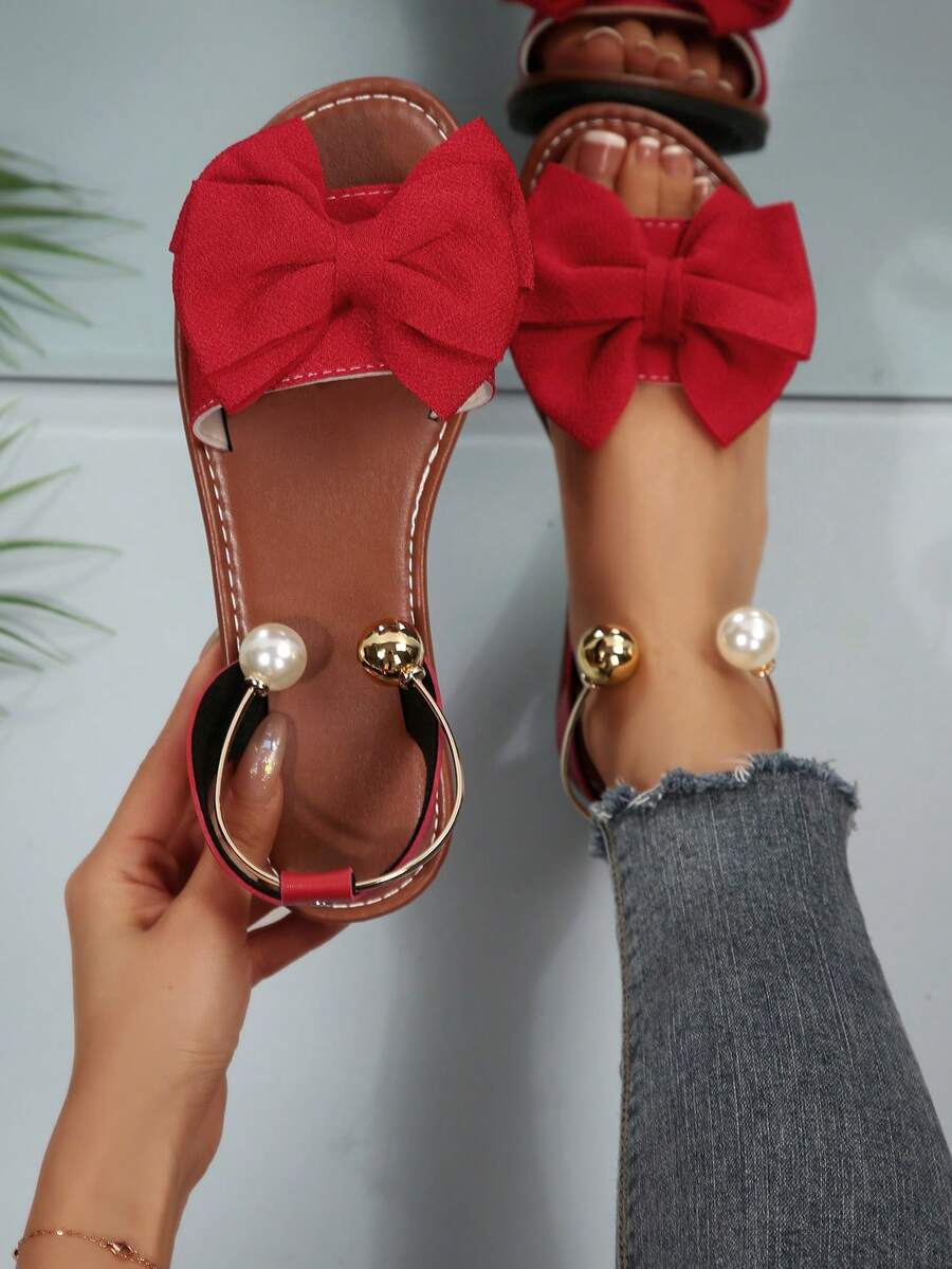 Dép lê đế bằng thoải mái, đơn giản, mũi tròn, đính nơ và hạt kim loại dành cho nữ cỡ lớn, kiểu dáng thường ngày, thời trang, hở mũi, thích hợp cho kỳ nghỉ hè đi biển.