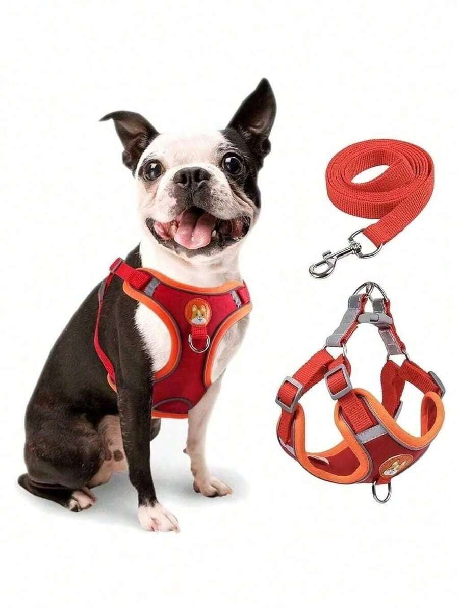 Dog Collar, Cat Collar With Leash For Small And Medium-Sized Pets, Comfortable Vest - 紅色 - 查看 1