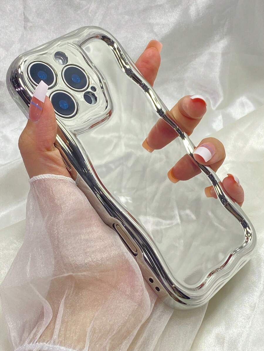 Lujosa funda blanda para teléfono móvil de TPU con marco ondulado y galvanoplastia de alta gama para iPhone 11 12 13 14 15 16 17 Pro Max Plus 16e 17Air 12mini 13mini - Plateado - Ver 1
