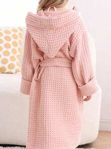 1件华夫格连帽浴袍，双层华夫格和服浴袍，睡衣，厚实柔软，速干，粉色/绿色/白色，带帽浴袍 - 彩色 - 查看 5