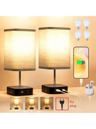 1/2 st USB-sänglampa - Pekskärmsstyrd bordslampa för sovrum med USB C+A-laddningsportar och nätuttag, 3 dimningsnivåer, lämplig för vardagsrum (inkluderar LED-lampa, grå)